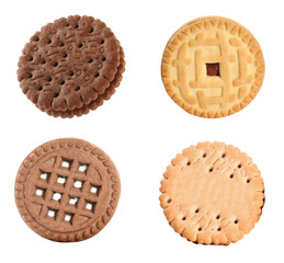 Different tasty sandwich cookies with cream on white background, collage