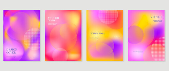 Abstract colorful gradient cover template. Set of poster design with hologram color, dynamic graphic, circle shape, dot pattern. Collection modern banners for flyer, business, ads, decoration, card.
