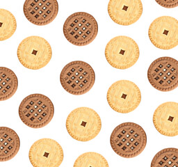 Top view of different tasty sandwich cookies with cream on white background, collage