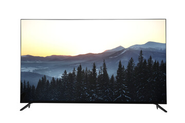 Modern wide screen TV monitor showing beautiful mountain landscape isolated on white