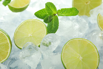Fototapeta na wymiar Ice with mint and lime, close up
