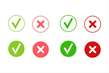 Green tick and red cross symbols, signs. Collection of check mark and X mark icons isolated. Checkmark icon set. Right and wrong signs, icons for rejection, acceptance, accept, cancel. 