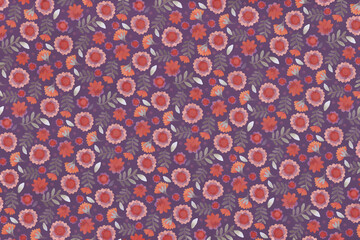 Bright background with floral ornament. Raster illustration for design and printing on fabric or paper. Small red flowers on a purple background.
