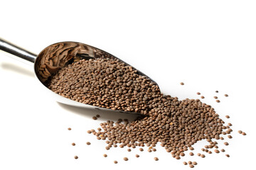 Close-up of brown lentils or masoor dal spilling out of a metal scoop on a white background.
