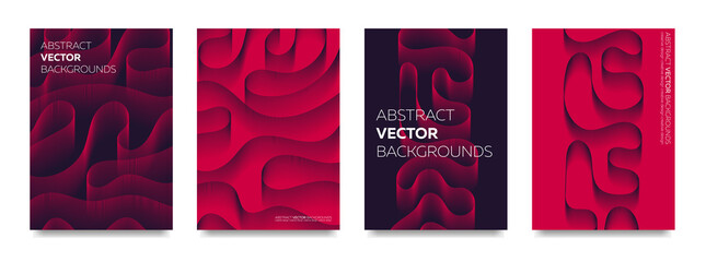 Abstract backgrounds in dark red tones with curved lines.