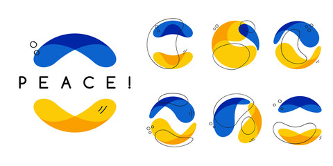 Sphere logo in Ukrainians flag colors with Peace lettering. Colorful vector emblems in flat style.