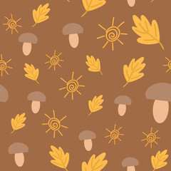 Leaves, mushrooms, sun cute seamless pattern. Vector illustration for fabric design, gift paper, baby clothes, textiles, cards.