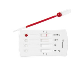 Disposable express hepatitis test kit on white background, top view
