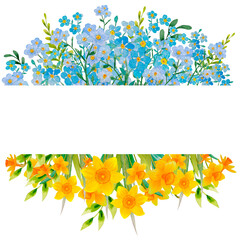 Watercolor blue and yellow flowers flag illustration