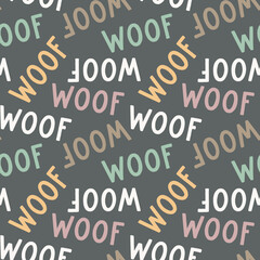 Sweet cute seamless repeat dog puppy pet animal vector pattern on pastel dark background. Woof colourful letters.
