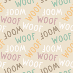 Sweet cute seamless repeat dog puppy pet animal vector pattern on pastel beige background. Woof colourful letters.