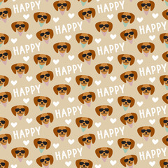 Sweet cute seamless repeat happy dachshund dog puppy pet animal vector pattern on beige summer pastel background. Happy dachshund dog with sunglasses.