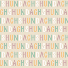 Sweet cute seamless repeat dog puppy pet animal vector dachshund pattern on pastel beige neutral background. Colourful letters. Dachshund pattern.