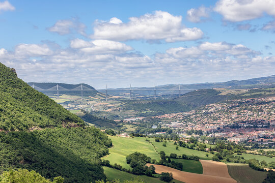 Millau Viaduct designed by Michel Virlogeux and architect Norman Foster is tallest bridge in world. Millau, Aveyron, Occitania, Southern France
