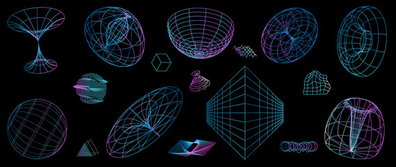 Collection of futuristic cyberpunk style elements. Geometric wireframe of circle, earth, distortion, grid with gradient color. Retro graphic design perfect for decoration, business, cover, poster. © TWINS DESIGN STUDIO