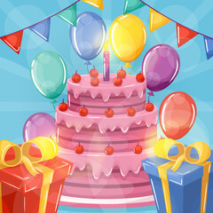 Happy birthday card with big cake, balloons and gift boxes