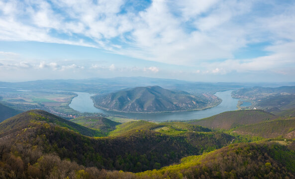 Spectacular panoramic view of danube bend from Pr&eacute;dik&aacute;l&oacute;sz&eacute;k lookout point. This region of Hungary is touristically very significant. D&ouml;m&ouml;s and Visegr&aacute;d at the background. Spring landscape.
