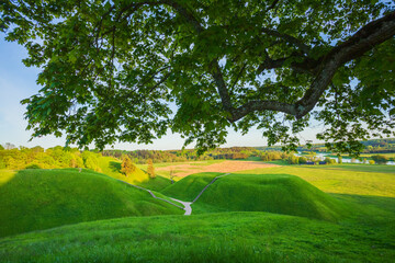 Kernave at spring, green mounds at historic capital in Lithuania