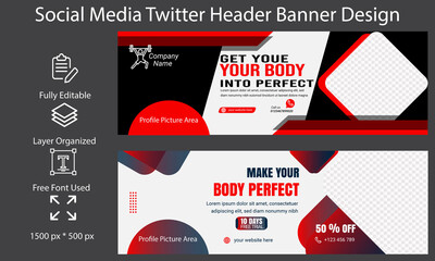 Twitter Header Banner or Cover page template design Design For Gym Fitness Business