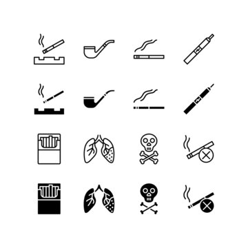 Smoking cigar flat line icons set. Cigar, tobacco, vape tank and cigarettes. Simple flat vector illustration for web site or mobile app