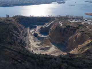 Rybalsky granite quarry. The city of Dnipro, Ukraine. Photo from the air. Open working quarry.