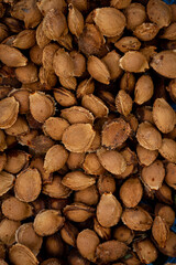 Overhead view of apricots kernel food background