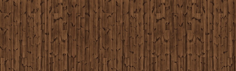 Dark brown knotty wooden board wide panoramic texture. Rough old shabby natural wood plank wall. Abstract rustic background