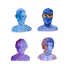 Watercolor set of 4 different portraits of men. Illustrations of men faces.