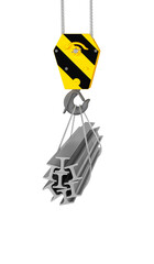 Fototapeta premium Rolled metal products suspended on a crane. 3d render