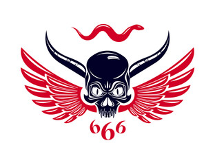 Devil sign horned skull vector illustration classic style tattoo, dead scull with animal horns wings and snake.