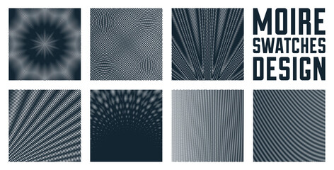 Abstract vector backgrounds set made with linear Moire, op art effect surreal textures, sound and music waves theme, black and white grid abstractions.