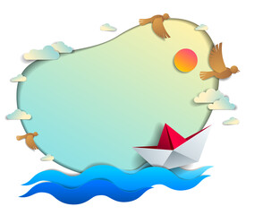 Paper ship swimming in the sea waves with beautiful beach and palms, frame or border with copy space, origami toy boat floating in the ocean, scenic seascape, birds and clouds in the sky, vector.