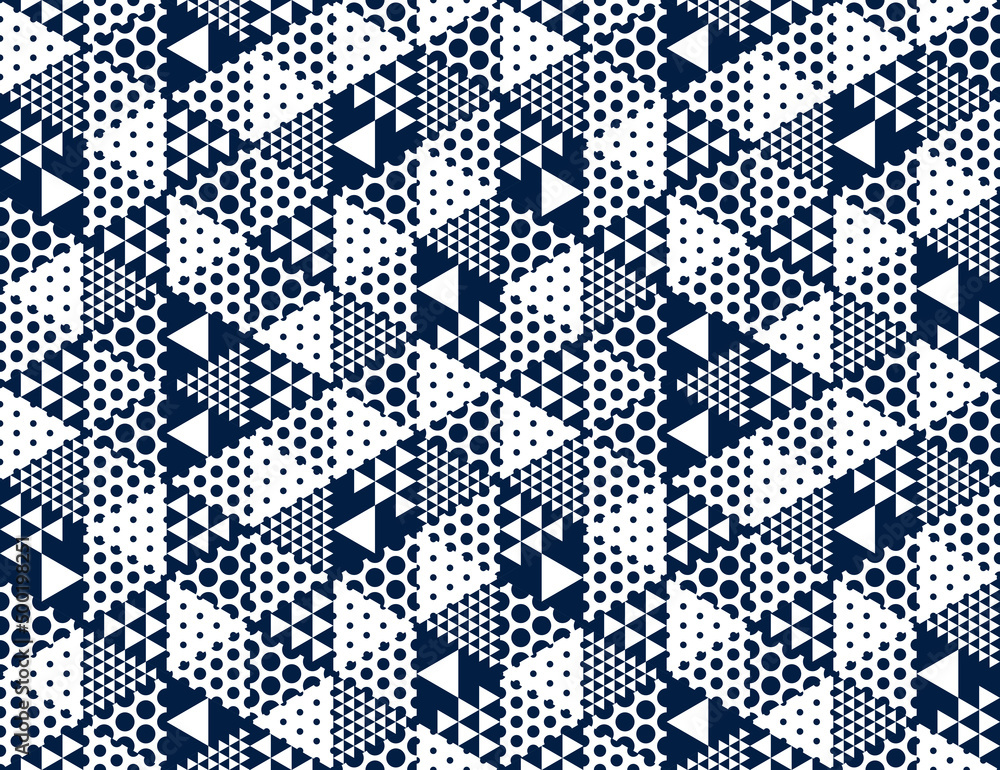 Poster geometric 3d seamless pattern with cubes, rhombus and triangles and dots boxes blocks vector backgro