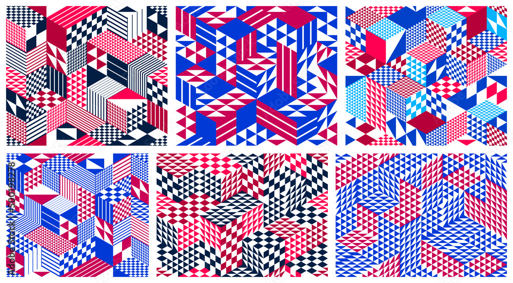 Poster geometric 3d seamless patterns with cubes, rhombus and triangles boxes blocks vector backgrounds set