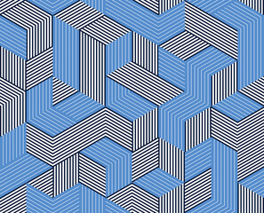 Seamless isometric lines geometric pattern, 3D cubes vector tiling background, architecture and construction, wallpaper design.