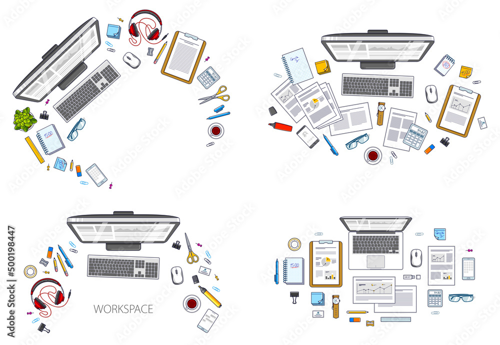 Poster work desks workspaces top view with pc or laptops and a lot of different stationery objects and anal