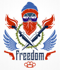 Anarchy and Chaos aggressive emblem or logo with aggressive skull, weapons and different design elements , vector vintage scull tattoo, rebel gangster criminal and revolutionary.