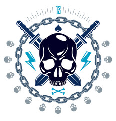 Aggressive skull pirate emblem Jolly Roger with weapons and other design elements, vector vintage style logo or tattoo dead head.