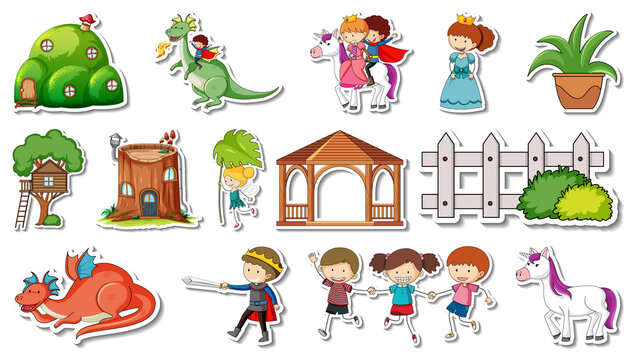 Sticker set of fantasy fairy tale cartoon characters