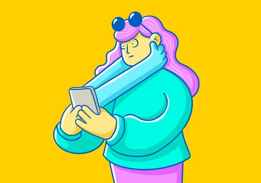 illustration woman with the mobile addicted to social networks and chat, smartphone, technology