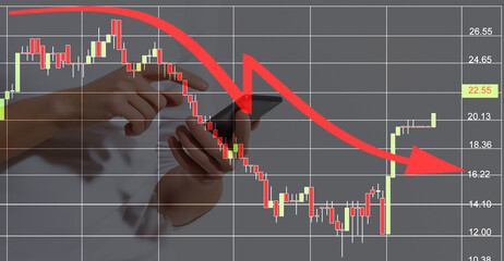 businessman near downfall finance graph, shot on the blue background