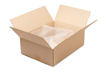 An open cardboard box with bubble wrap. The concept of packaging parcels with fragile cargo....