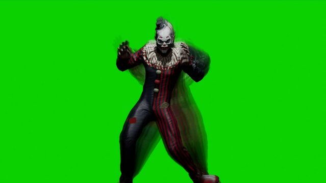 Surrealistic clown dancing. A clown dancing. A nightmarish atmosphere of fear and terror. The concept of a creepy jester. Animation with green screen is perfect for scary and apocalyptic backgrounds.