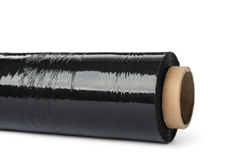 Roll of black stretch wrap isolated on white, closeup