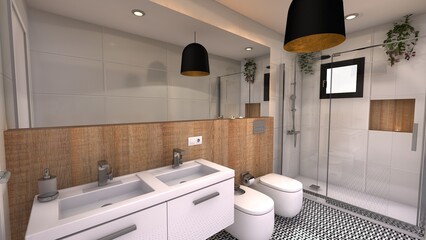 baño moderno con estilo boho con ducha  - obrazy, fototapety, plakaty