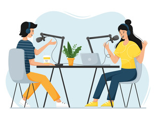 A girl and a man record a podcast and gesticulate. Online, live stream, audio recording in progress. The concept of podcast, blogging. Vector illustrations in a flat cartoon style isolated on white