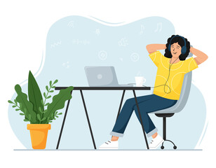 A young girl is sitting in a chair and enjoying listening to music or a podcast with headphones. The concept of podcast, blogging. Vector flat cartoon illustrations isolated on a white background.