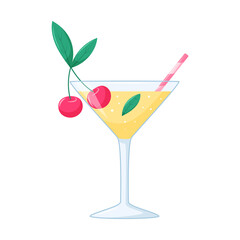 Summer beach drink with cherry berries in a transparent cocktail glass with a straw and leaves. Useful beverage in cartoon style on a white background. Vector illustration