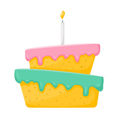 A festive birthday cake with dripping icing and a burning candle. Dessert, sweet food, pastries, a symbol of the holiday. Vector illustration in a flat cartoon style isolated on a white background.
