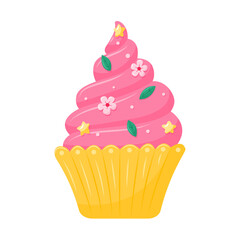 Festive, cupcake with cream, colors, and sprinkled with stars. Dessert, sweet food, pastries, a symbol of the holiday. Vector illustration in a flat cartoon style isolated on a white background.
